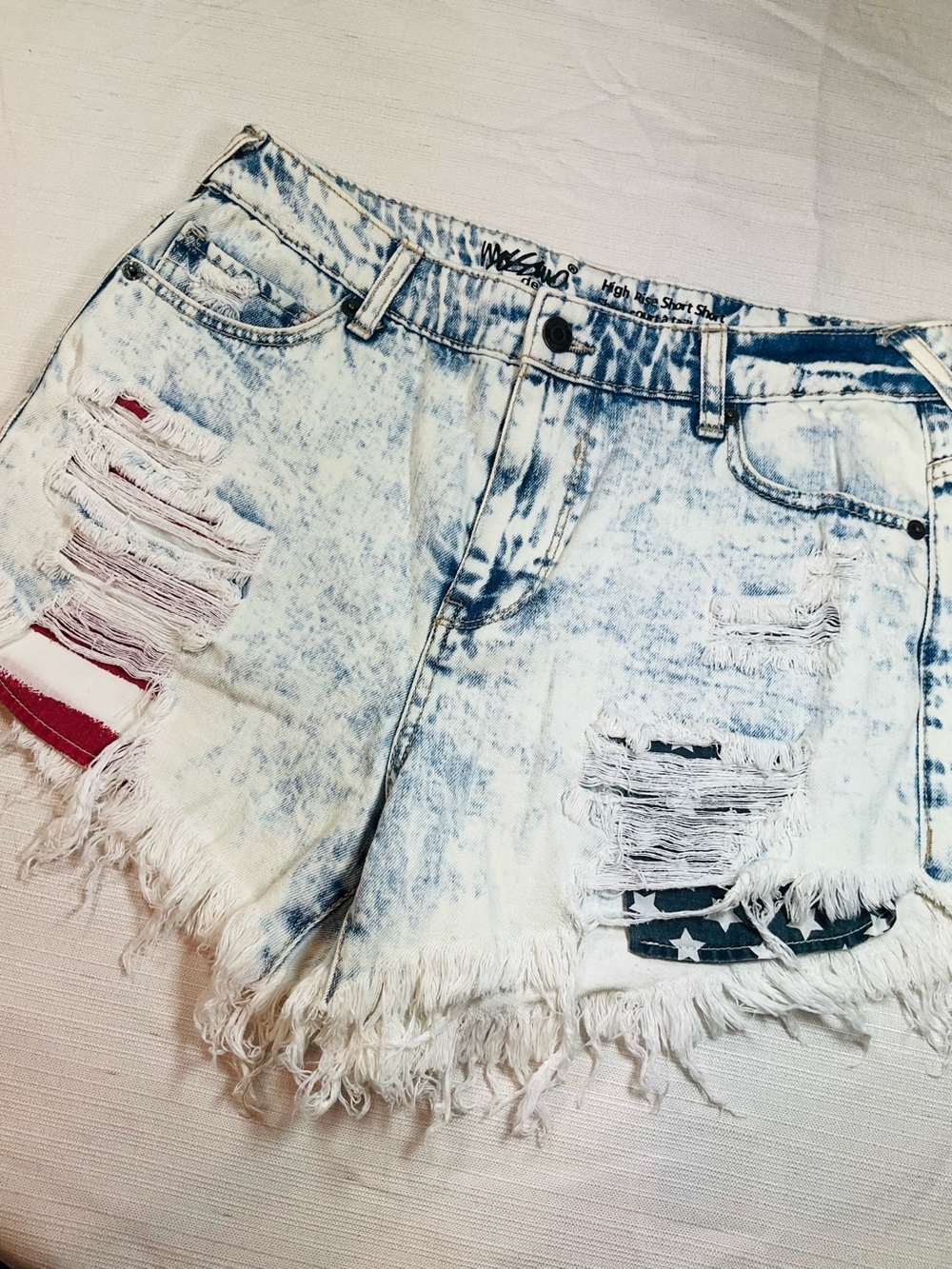MOSSIMO High Rise Short Shorts Acid Wash Distressed Denim Stars & Stripes USA